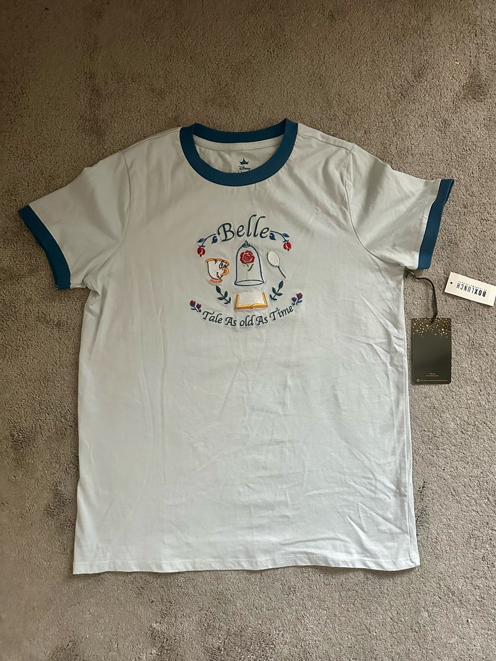 Boxlunch Beauty and The Beast Ringer Tee Baby Blue Size Medium